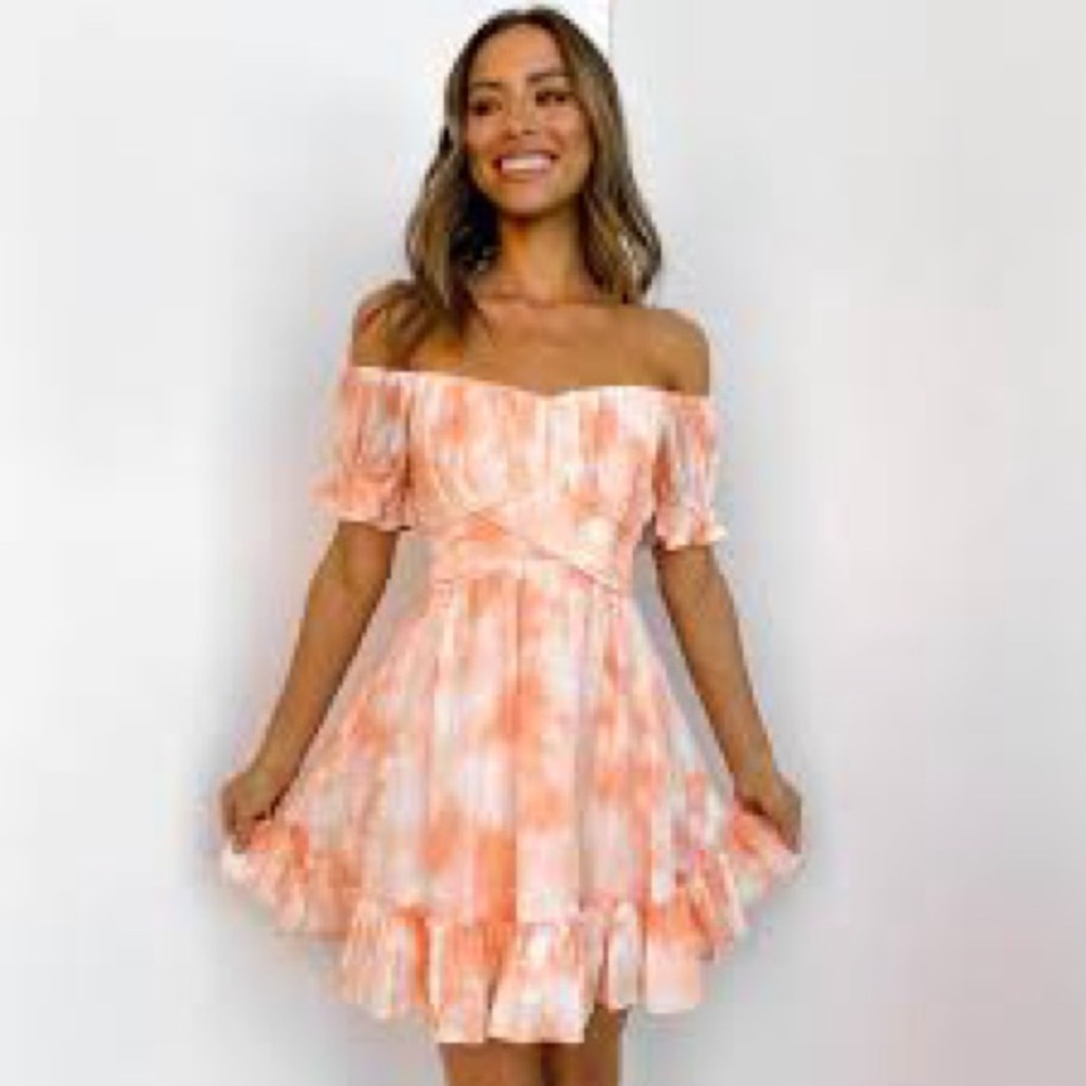 Petal + Pup Orange Tie-Dye Off Shoulder Ruffle Mini Dress Women’s Size 6